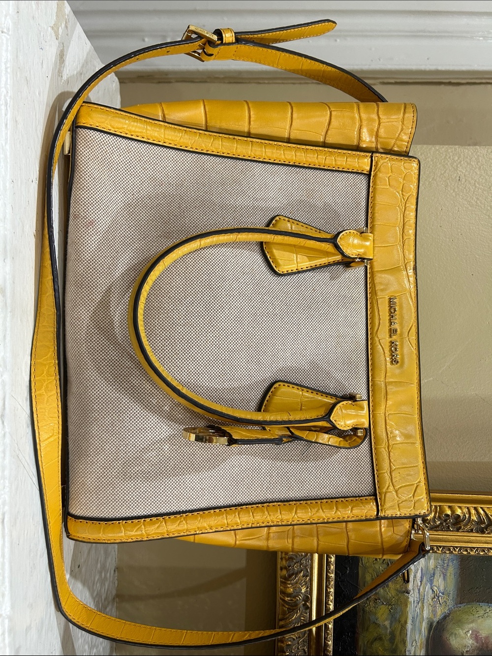 Michael Kors Yellow-Trim Canvas Satchel